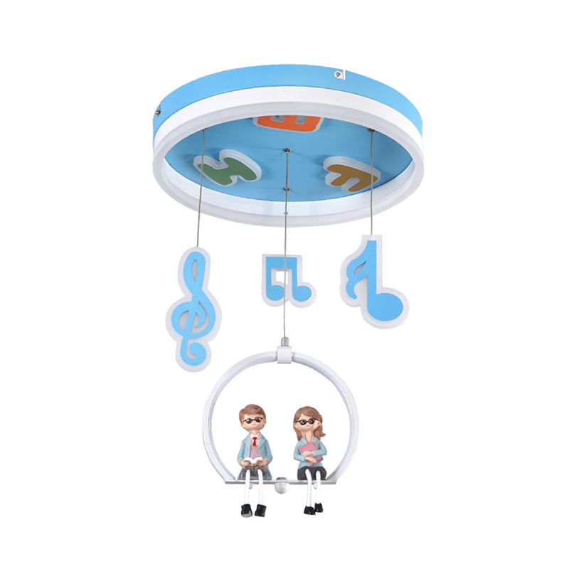 Musical Note Led Ceiling Light With Adorable Boy And Girl Resin Figures - Blue Acrylic Flush Mount