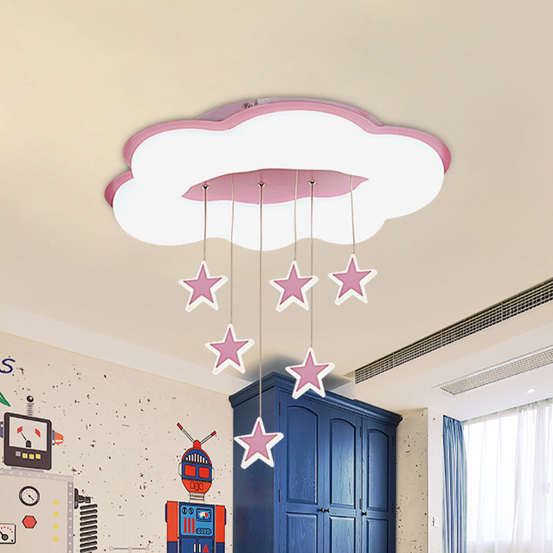 Cartoon Cloud And Star Flushmount Led Ceiling Light For Bedroom - Acrylic Pink/Blue Design