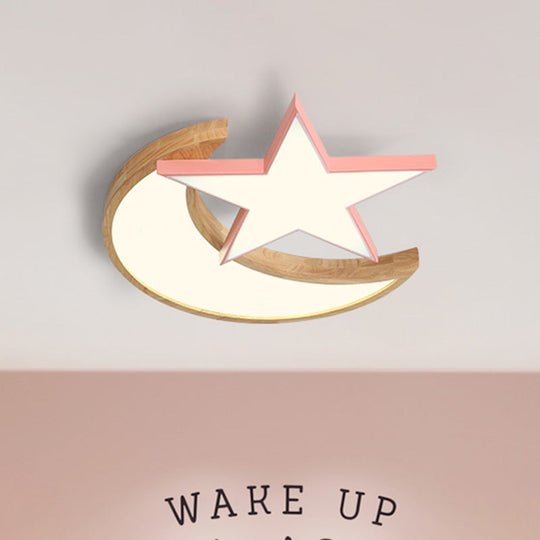 Minimalistic Led Bedroom Flush Light Fixture In Grey/Pink/Green With Moon And Star Acrylic Shade