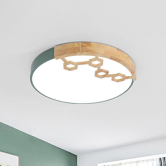 Modern Acrylic Circle Flush Ceiling Light With Wood Design - Led Spotlight In Grey/White/Green Green