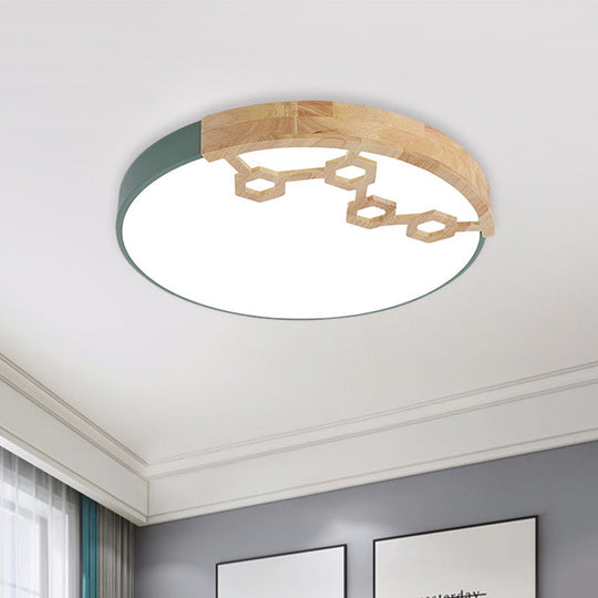 Modern Acrylic Circle Flush Ceiling Light With Wood Design - Led Spotlight In Grey/White/Green