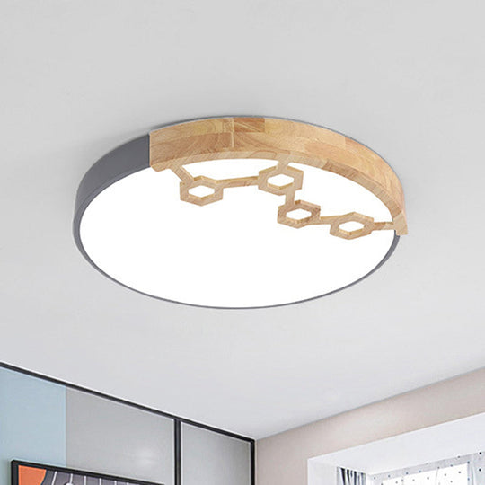Modern Acrylic Circle Flush Ceiling Light With Wood Design - Led Spotlight In Grey/White/Green Grey