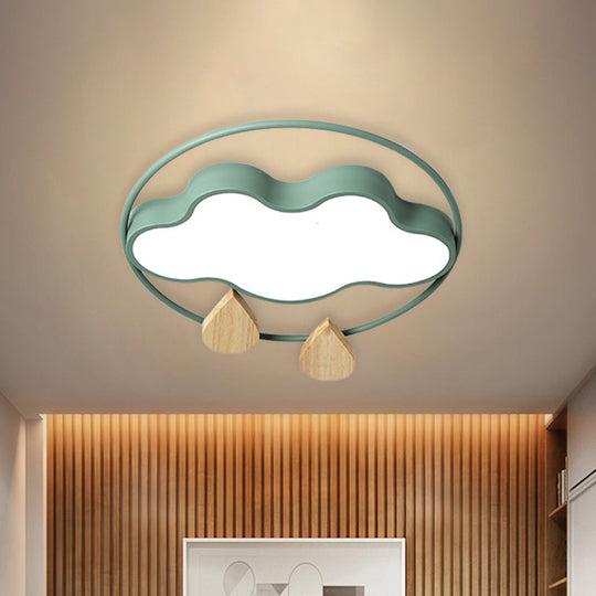 Modern Cloud Bedroom Ceiling Light With Acrylic Led Wood Raindrop Design (Grey/White/Green)