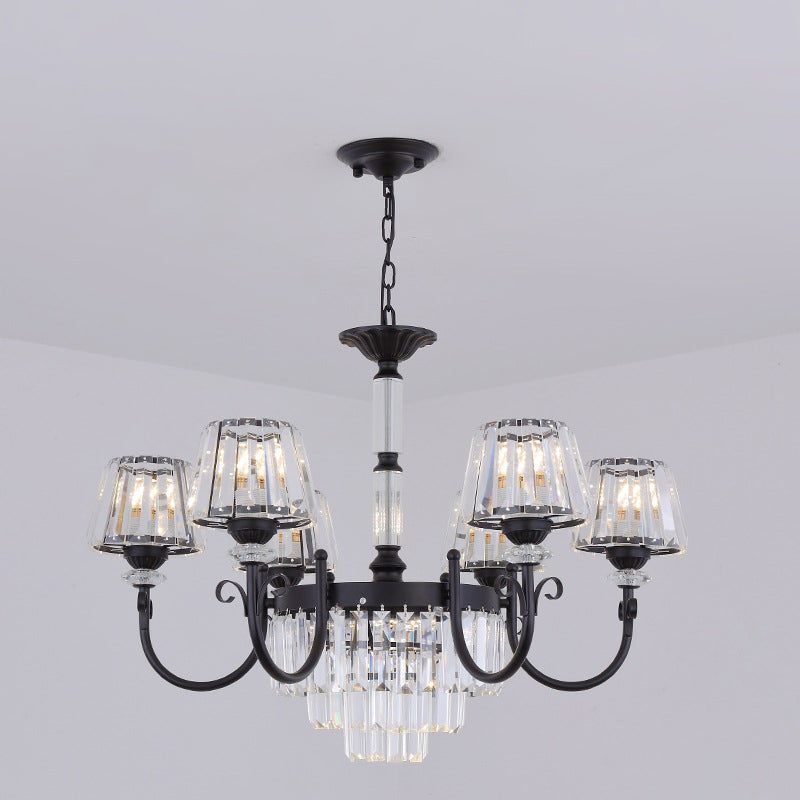 Modern Tapered Crystal Suspension Light With 3/6 Heads - Black Dining Room Chandelier Lamp
