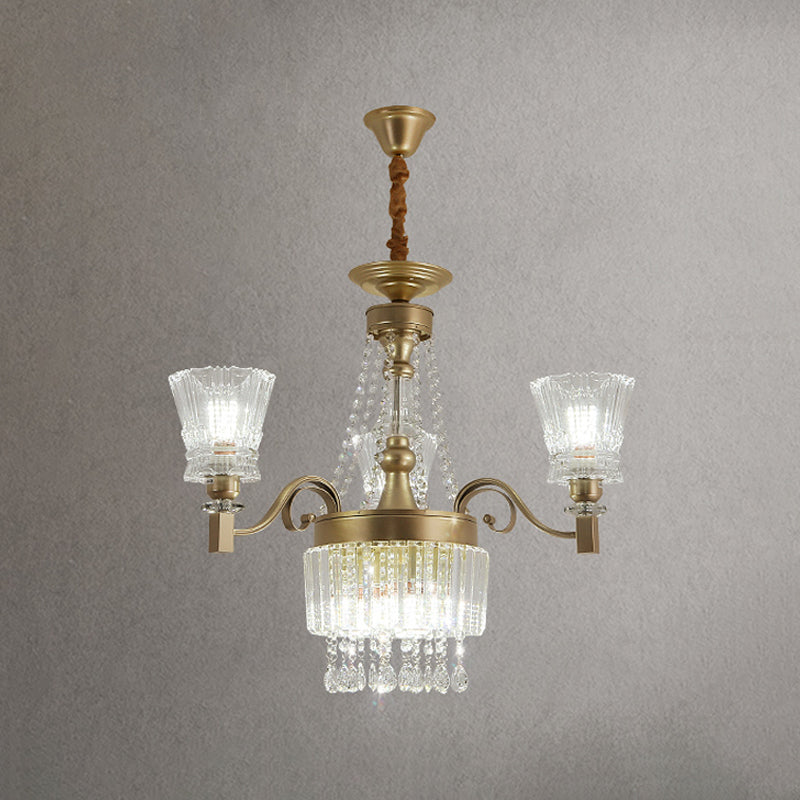 Modern Gold Crystal Chandelier Pendant Lamp With Clear Conical Shades - 6/9-Head Light Fixture For