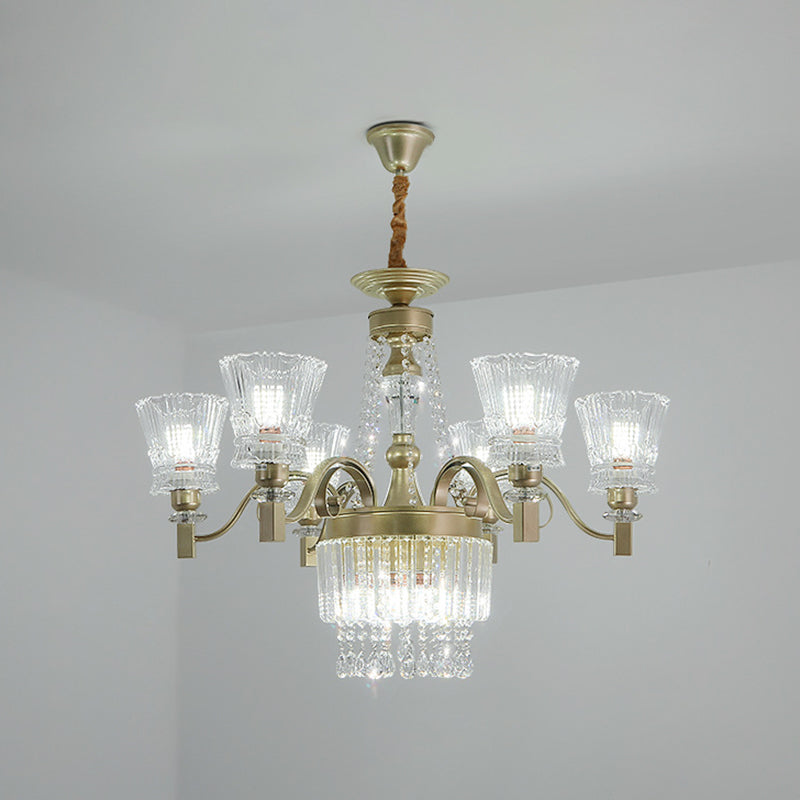 Modern Gold Crystal Chandelier Pendant Lamp With Clear Conical Shades - 6/9-Head Light Fixture For