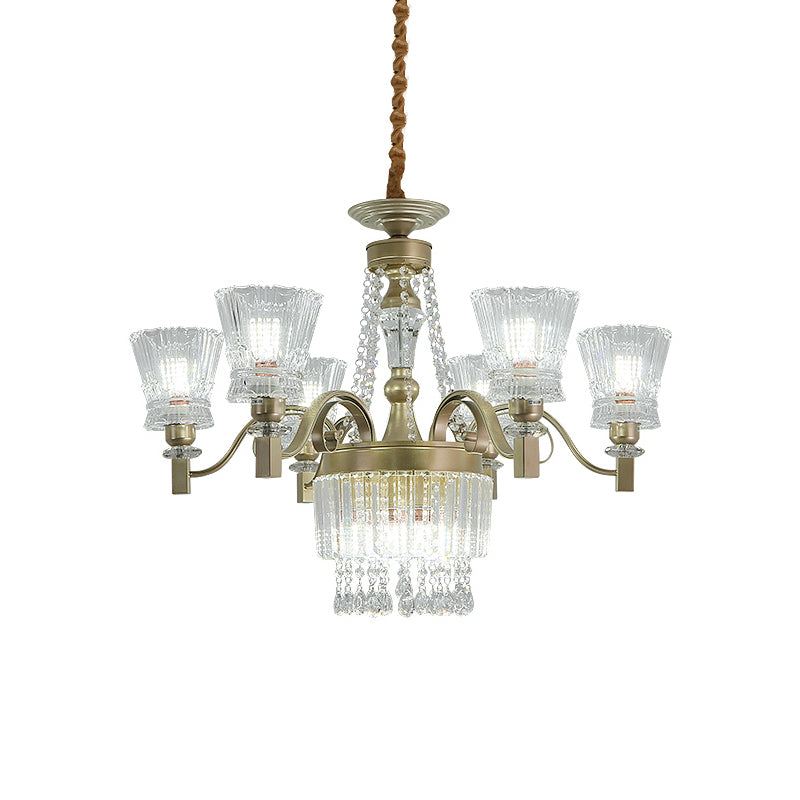 Modern Gold Crystal Chandelier Pendant Lamp With Clear Conical Shades - 6/9-Head Light Fixture For
