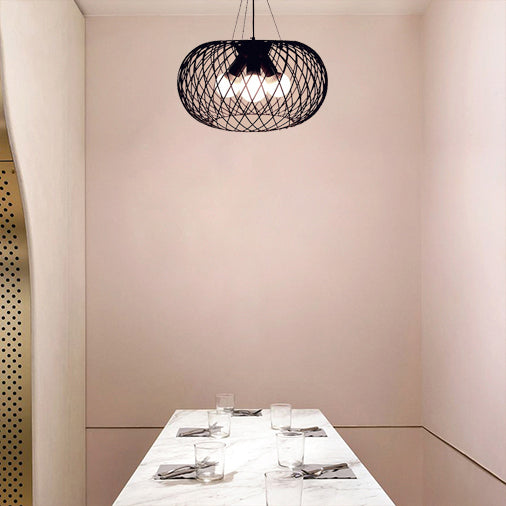 Industrial Style Black Metal Chandelier With Mesh Cage 3 Heads Drum Shade - Hanging Lamp