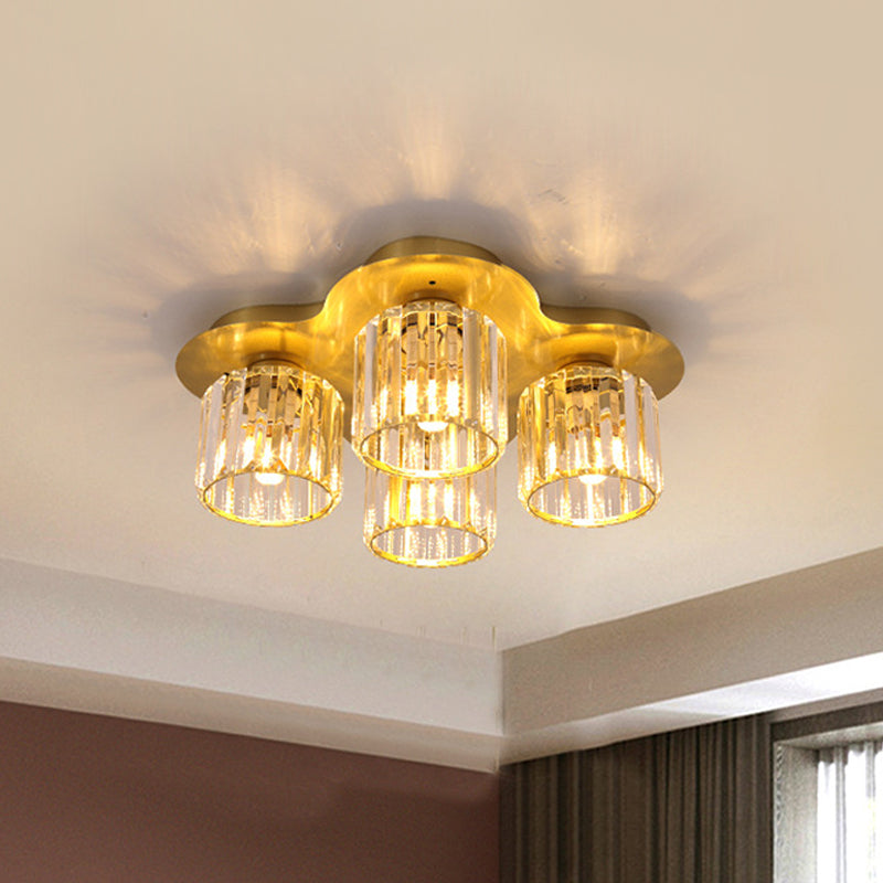 4-Head Crystal Block Flush Ceiling Light Fixture In Black/Gold - Simple Cylinder Design
