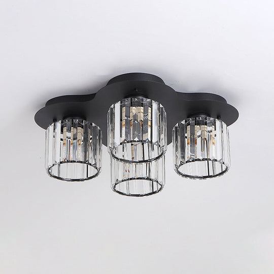 4 - Head Crystal Block Flush Ceiling Light Fixture In Black/Gold - Simple Cylinder Design