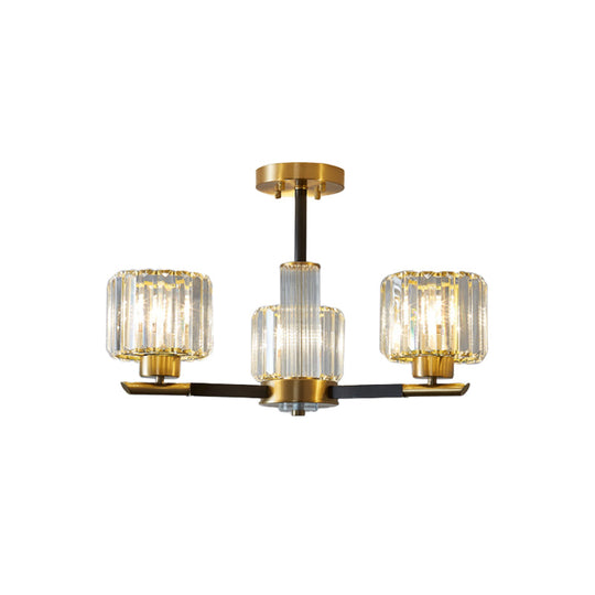 Crystal Block Ceiling Light With 3/6 Semi - Mounted Cylinder Lights In Black And Gold