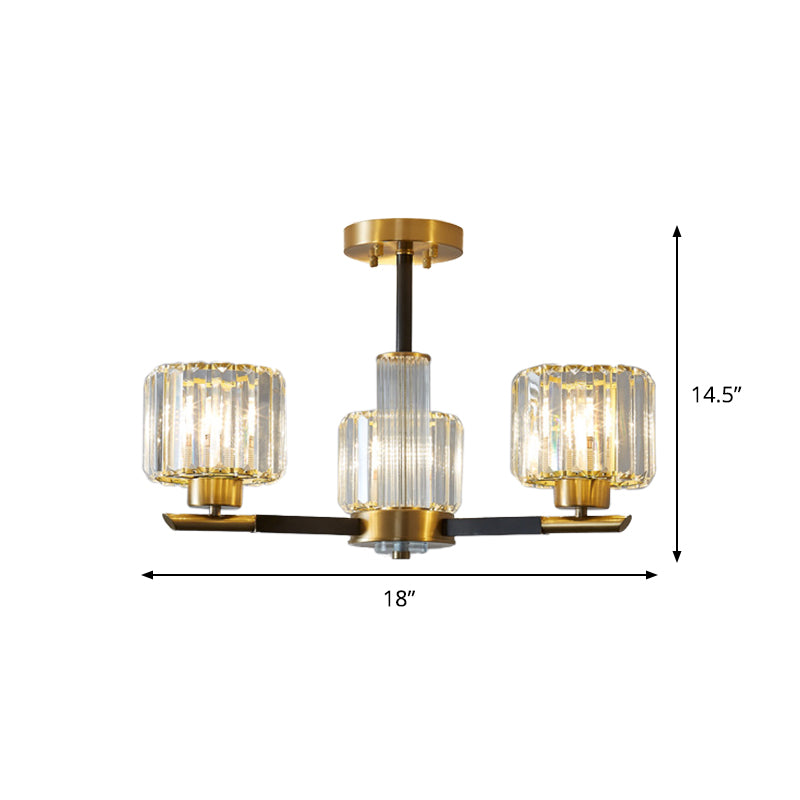 Crystal Block Ceiling Light With 3/6 Semi - Mounted Cylinder Lights In Black And Gold