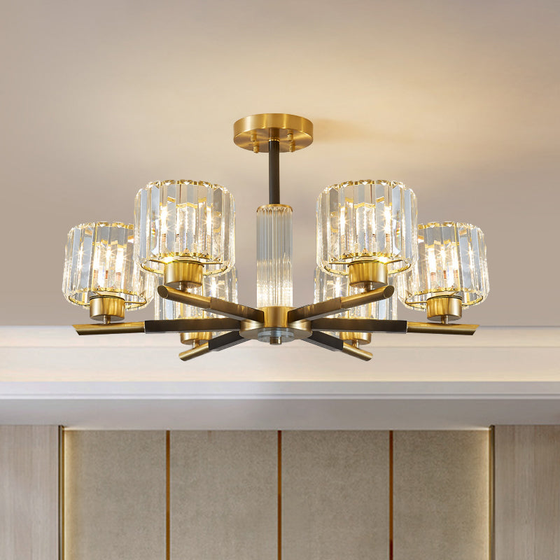 Crystal Block Ceiling Light With 3/6 Semi - Mounted Cylinder Lights In Black And Gold 6 / Black -