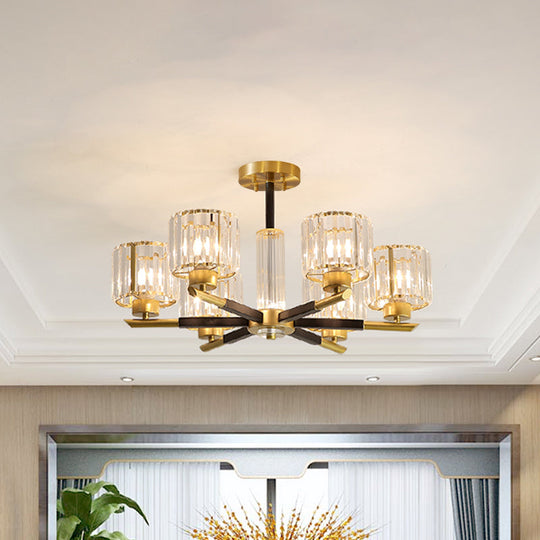Crystal Block Ceiling Light With 3/6 Semi - Mounted Cylinder Lights In Black And Gold