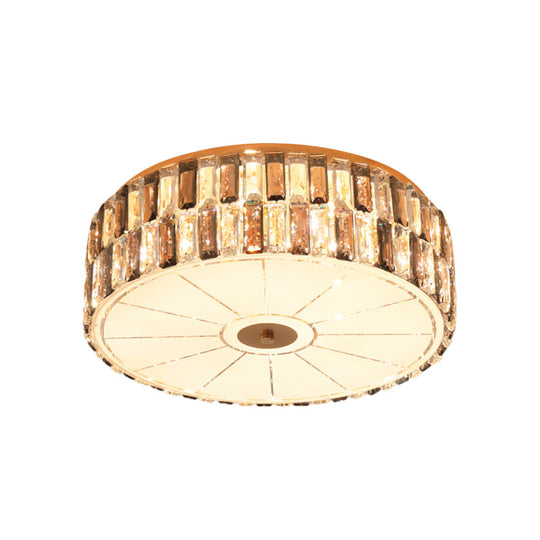 9 - Bulb Gold Drum Bedroom Flush Mount Lamp With K9 Crystal And Glass Diffuser