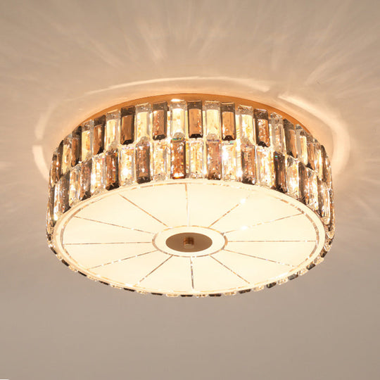 9 - Bulb Gold Drum Bedroom Flush Mount Lamp With K9 Crystal And Glass Diffuser