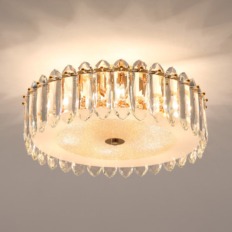 Simple Gold Flushmount Lighting - Drum Crystal Fixture With 6 Bulbs For Bedroom