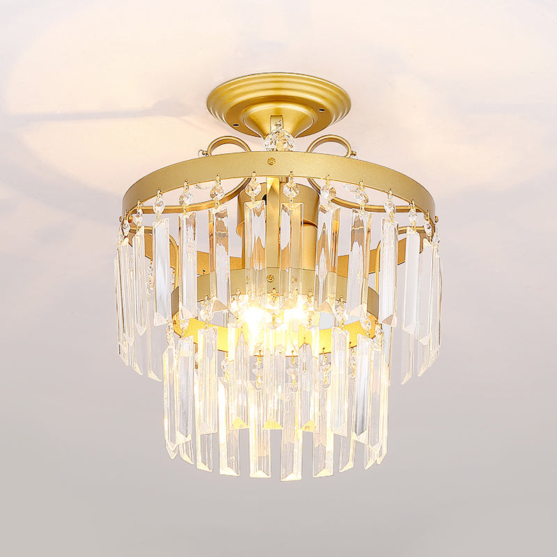 Gold 2 - Layer Crystal Semi Flush Mount Light Fixture With 3/5 Bulbs - Postmodern Style For Living