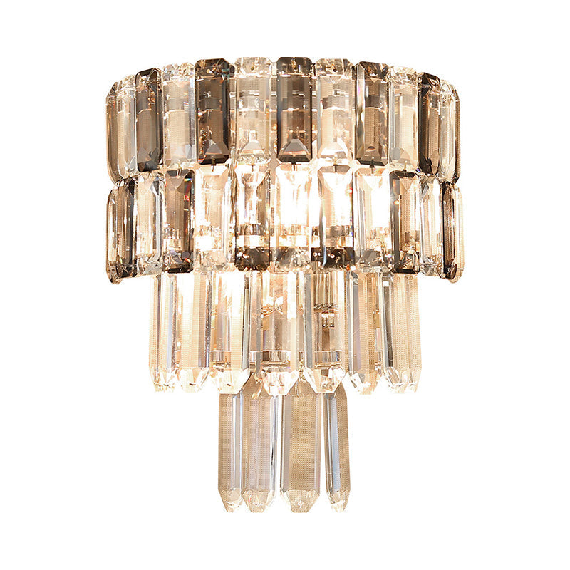 Modern Smoke Gray Crystal Sconce: Layered Design 2-Bulb Wall Mounted Light Fixture For Living Room