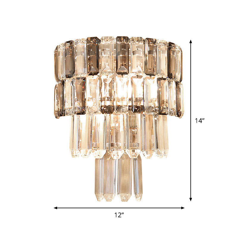 Modern Smoke Gray Crystal Sconce: Layered Design 2-Bulb Wall Mounted Light Fixture For Living Room
