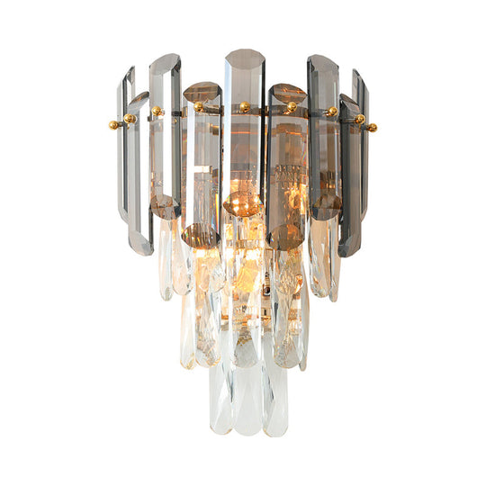 Tiered Crystal Wall Sconce - Modernist Clear & Smoke Gray Lighting Fixture