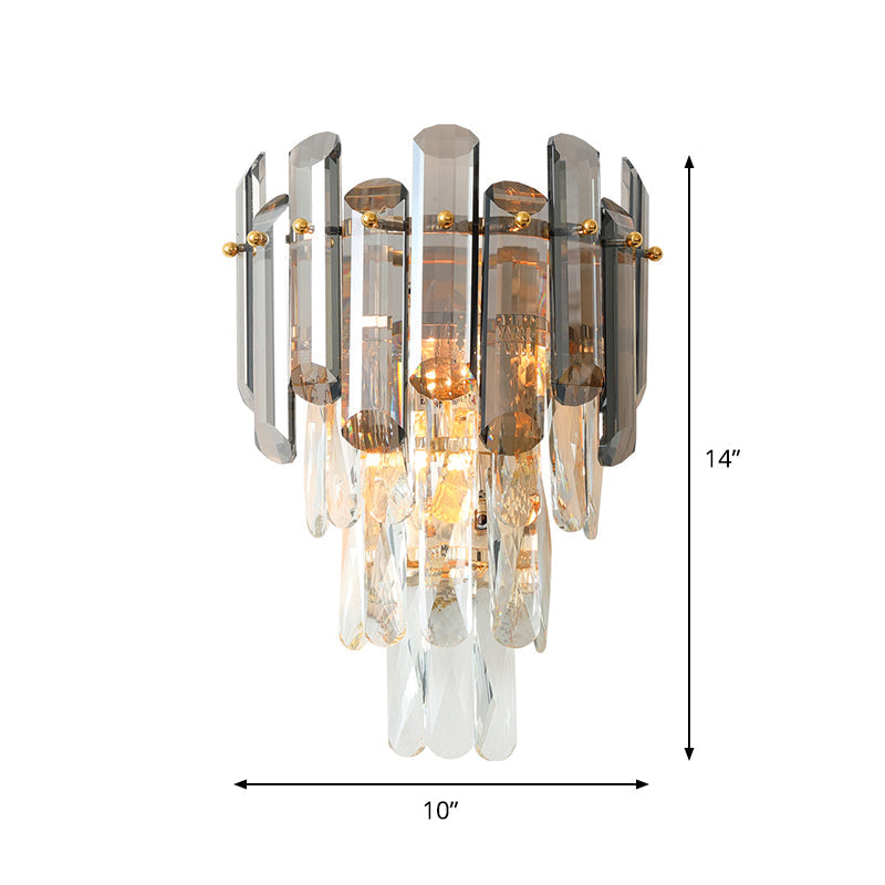 Tiered Crystal Wall Sconce - Modernist Clear & Smoke Gray Lighting Fixture