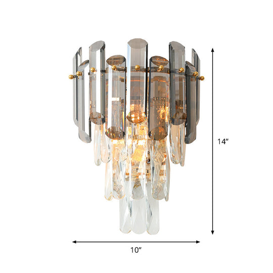 Tiered Crystal Wall Sconce - Modernist Clear & Smoke Gray Lighting Fixture