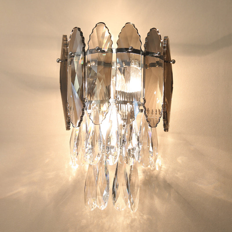 Modern Layered Wall Lighting Clear And Champagne/Smoke Gray Crystal Sconce Fixture 2 Lights