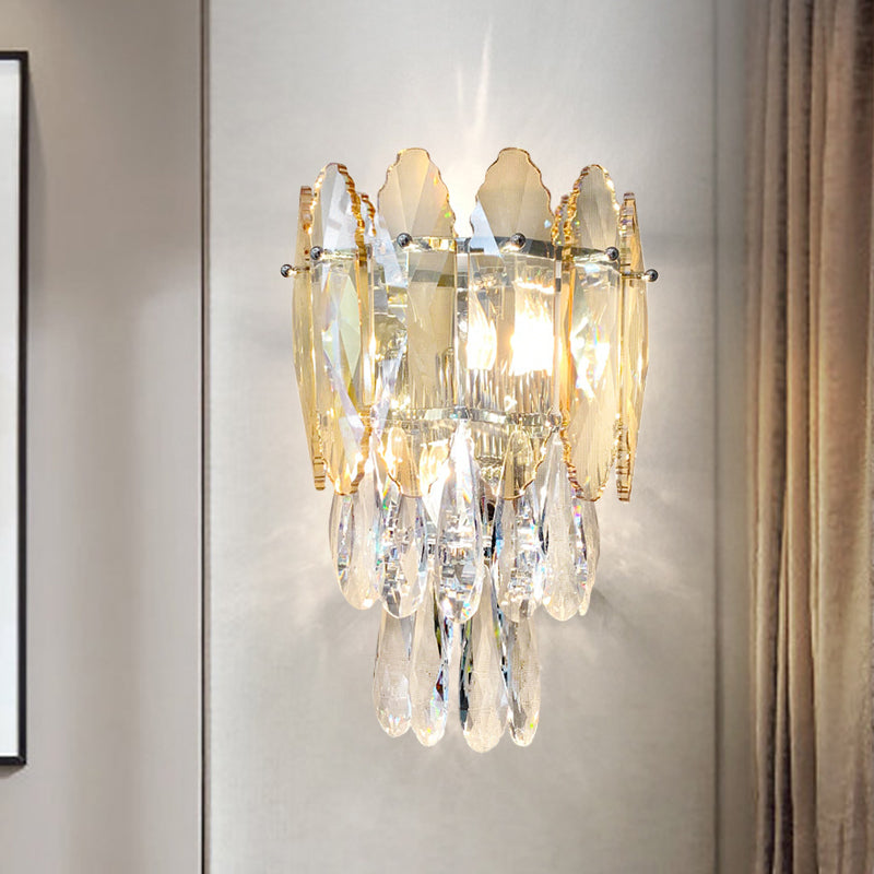 Modern Layered Wall Lighting Clear And Champagne/Smoke Gray Crystal Sconce Fixture 2 Lights