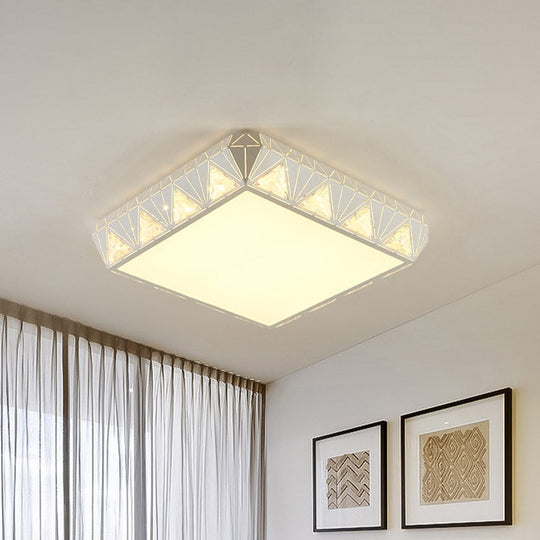 Modern White Square Led Ceiling Light - Minimalist Beveled Crystal Flushmount For Bedroom