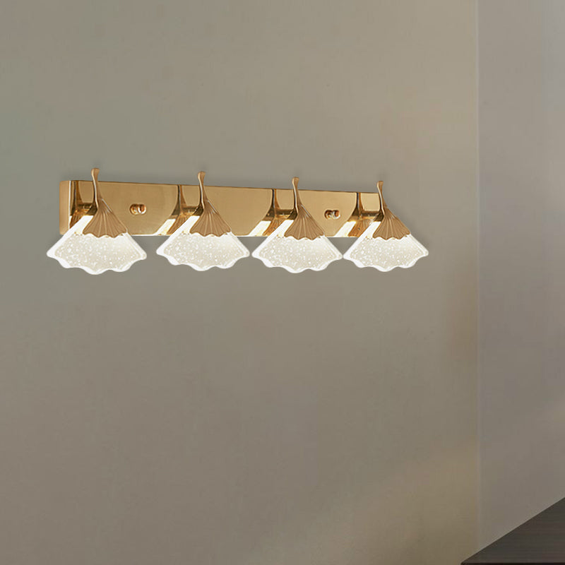 Modern Crystal Gold Vanity Light With Ginkgo Design - Wall Mounted Bathroom Lamp 4 Bulbs