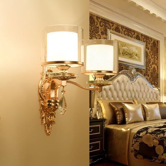 Gold Mid-Century Sconce With Clear & Frosted Glass And Crystal Drop 2 Heads