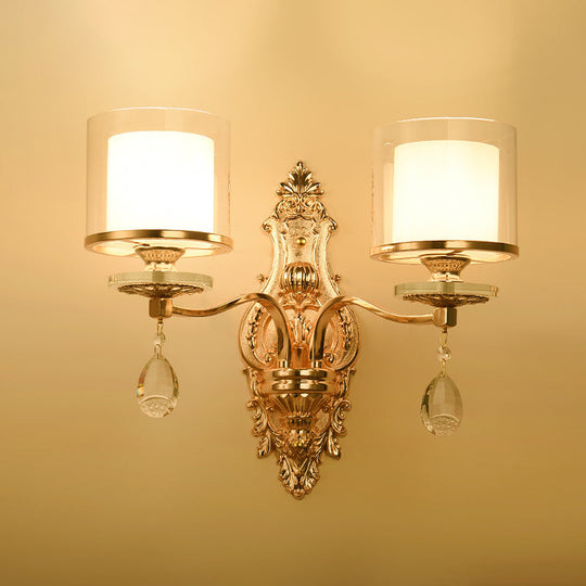 Gold Mid-Century Sconce With Clear & Frosted Glass And Crystal Drop 2 Heads