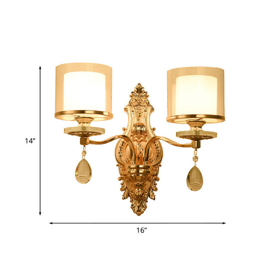 Gold Mid-Century Sconce With Clear & Frosted Glass And Crystal Drop 2 Heads