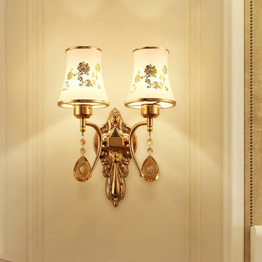 Mid-Century Gold Frosted Glass Wall Sconce Lamp With Crystal Drop - Set Of 2 Bulbs
