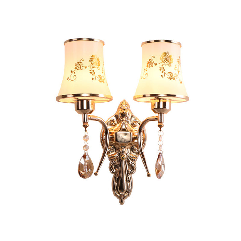 Mid-Century Gold Frosted Glass Wall Sconce Lamp With Crystal Drop - Set Of 2 Bulbs