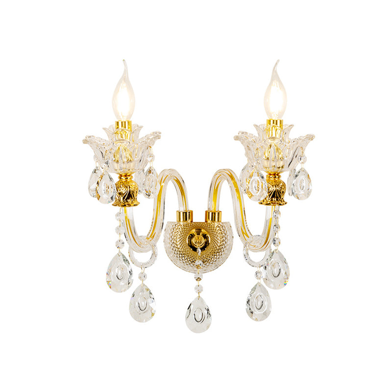 Mid-Century Gold 2-Light Candelabra Sconce: Clear Crystal Glass Wall Lamp For Living Room
