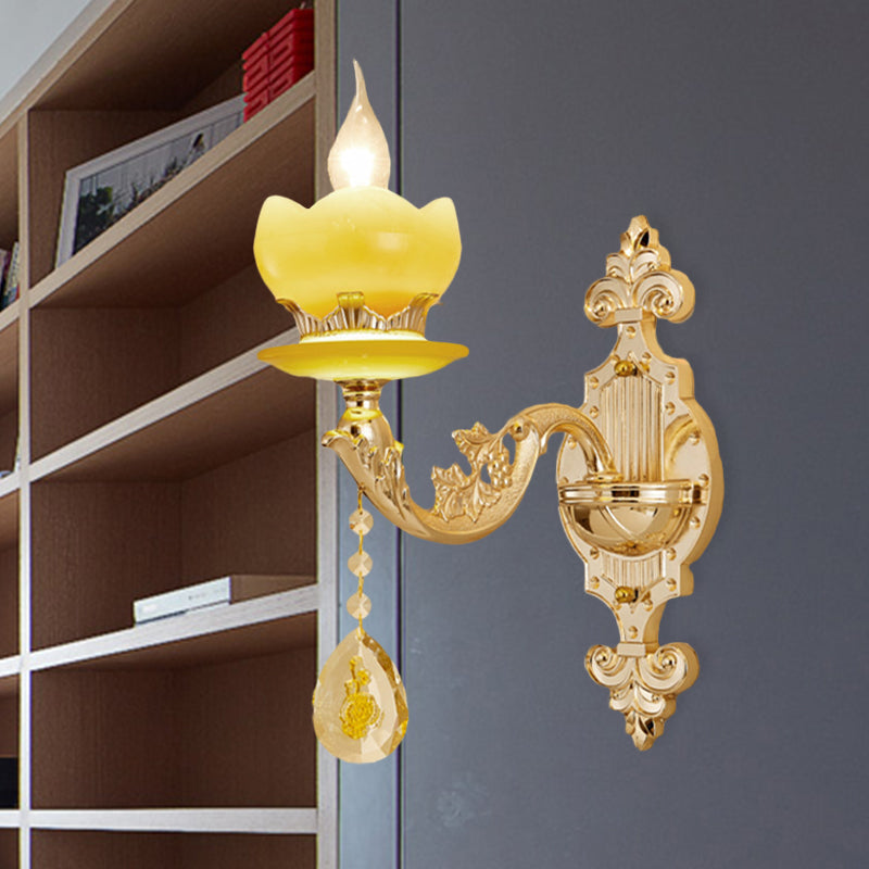 Mid-Century Gold Wall Sconce With Crystal Draping - Bedroom Lighting