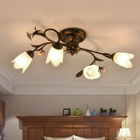 American Garden Flowers Ceilng Light - Cream Glass Semi Flush Mount Lighting In Bronze 4/6/8 Heads