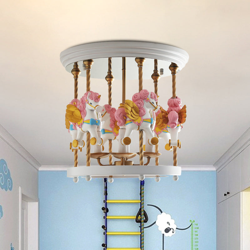 Metal Carousel Semi Flush Cartoon Mount Lighting Fixture For Children’s Room - 4-Bulb