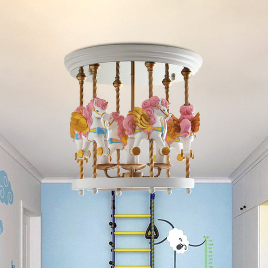 Metal Carousel Semi Flush Cartoon Mount Lighting Fixture For Children’s Room - 4-Bulb