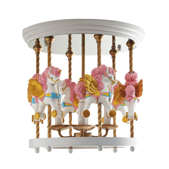 Metal Carousel Semi Flush Cartoon Mount Lighting Fixture For Children’s Room - 4-Bulb