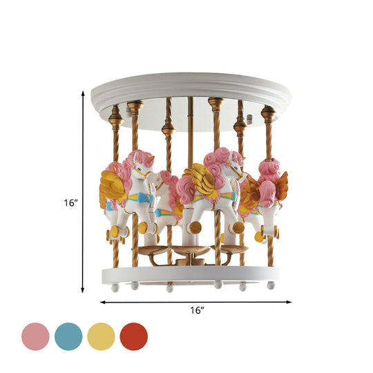Metal Carousel Semi Flush Cartoon Mount Lighting Fixture For Children’s Room - 4-Bulb