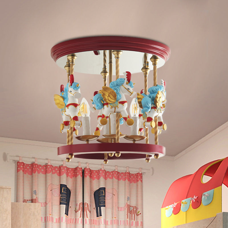 Metal Carousel Semi Flush Cartoon Mount Lighting Fixture For Children’s Room - 4-Bulb