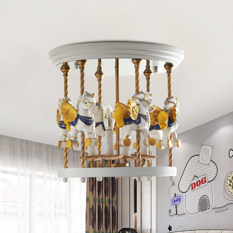 Metal Carousel Semi Flush Cartoon Mount Lighting Fixture For Children’s Room - 4-Bulb