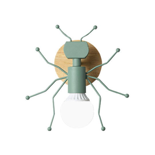 Nordic Ant Metal Sconce With Wood Backplate Wall Light - Grey/White/Green