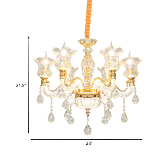 Modern Gold Glass Ceiling Lamp With Crystal Drop - Blossom 6-Bulb Chandelier For Bedroom