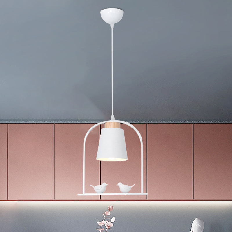 Metal Down Lighting Macaron Pendant Lamp With Bird Cage Shape And Barrel Shade - White/Black/Grey