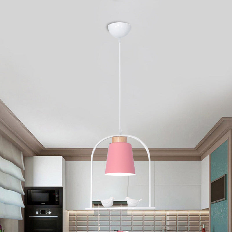 Metal Down Lighting Macaron Pendant Lamp With Bird Cage Shape And Barrel Shade - White/Black/Grey