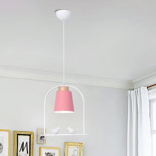 Metal Down Lighting Macaron Pendant Lamp With Bird Cage Shape And Barrel Shade - White/Black/Grey